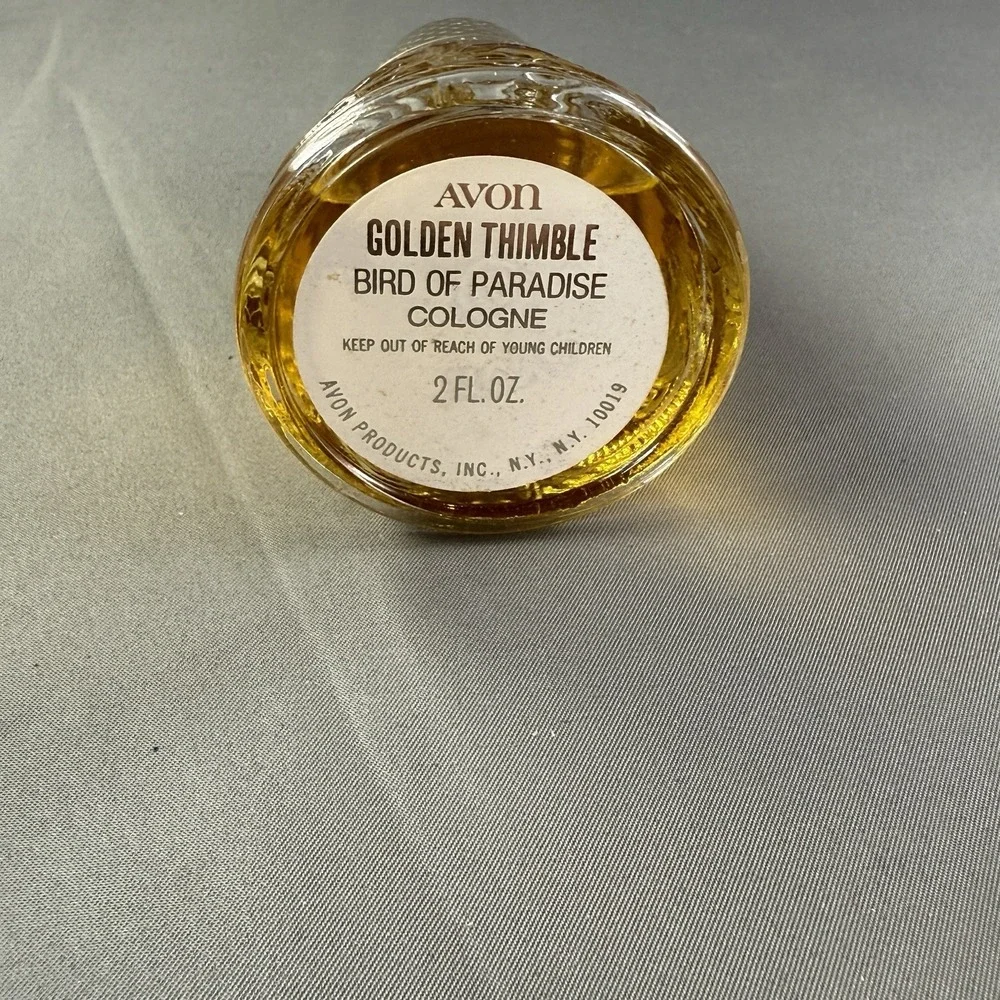 Avon Golden Thimble Cologne Bottle Bird of Paradise 2 oz Vintage Full‎